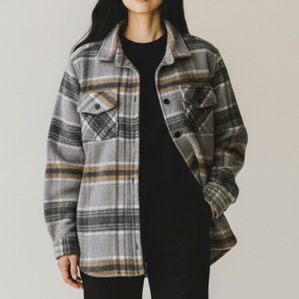 THREAD & SUPPLY SHACKET Jacket CHARCOAL TAUPE PLAID SIZE Small with Pockets